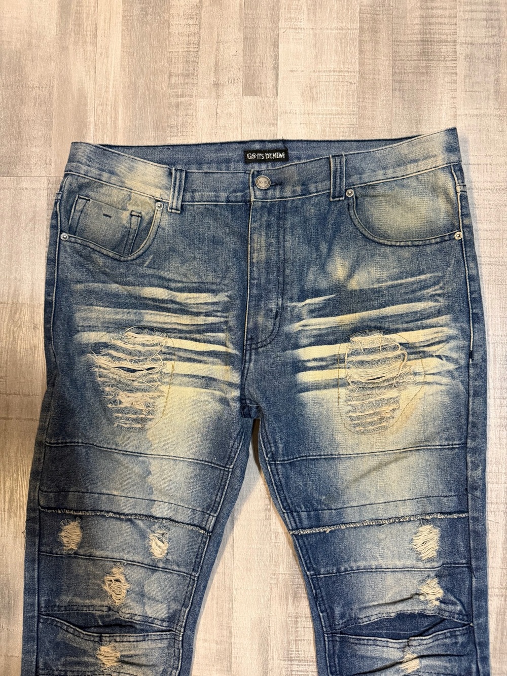 GS-115 Men’s Jeans Size 36x32 Blue Distressed Moto Biker Denim